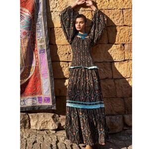 New Verandah Smocked Tiered Maxi Dress SQUARE-NECK  $595 SMALL (4) Brown Motif